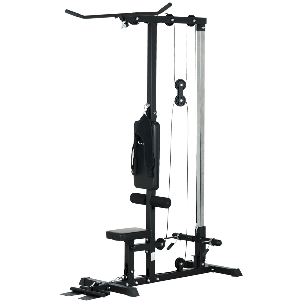 Vertical traction machine, high/low pulley with adjustable seat and retractable footrest, black