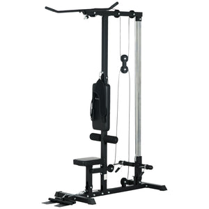 Vertical traction machine, high/low pulley with adjustable seat and retractable footrest, black
