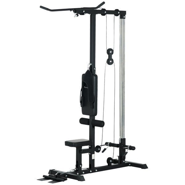Vertical traction machine, high/low pulley with adjustable seat and retractable footrest, black