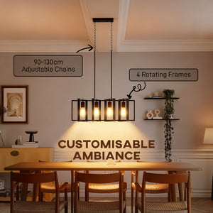 Farmhouse style linear pendant light with 4 rotating shades and adjustable height, black