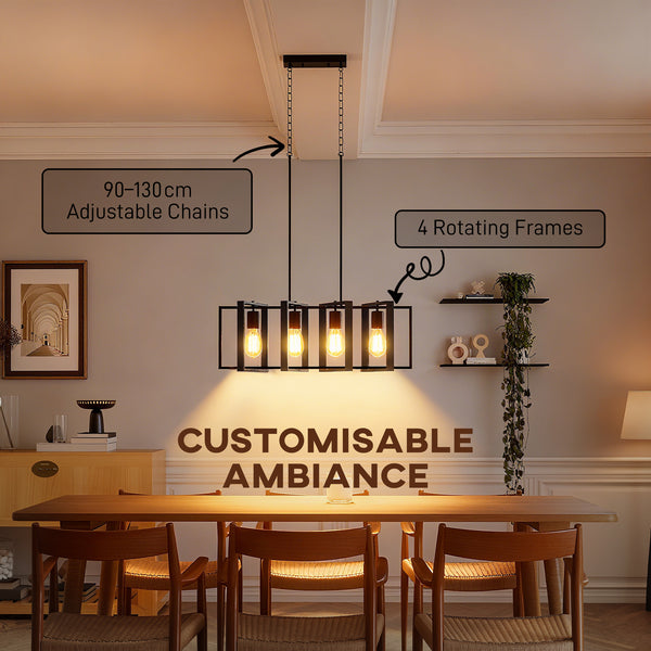 Farmhouse style linear pendant light with 4 rotating shades and adjustable height, black