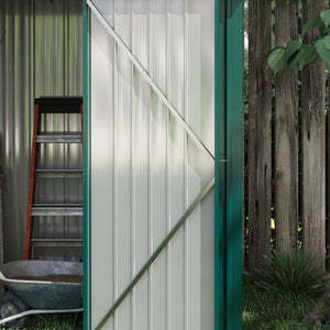 Steel garden shed with single lockable door, green