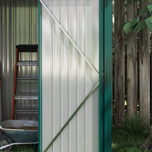 Steel garden shed with single lockable door, green