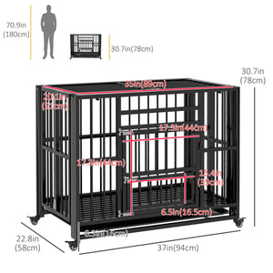 37" Heavy Duty Dog Crate, Foldable Dog Cage on Wheels with Double Locks, Removable Tray, Openable Top, Double Doors, Indoor Outdoor Use, for Small and Medium Dogs - Black