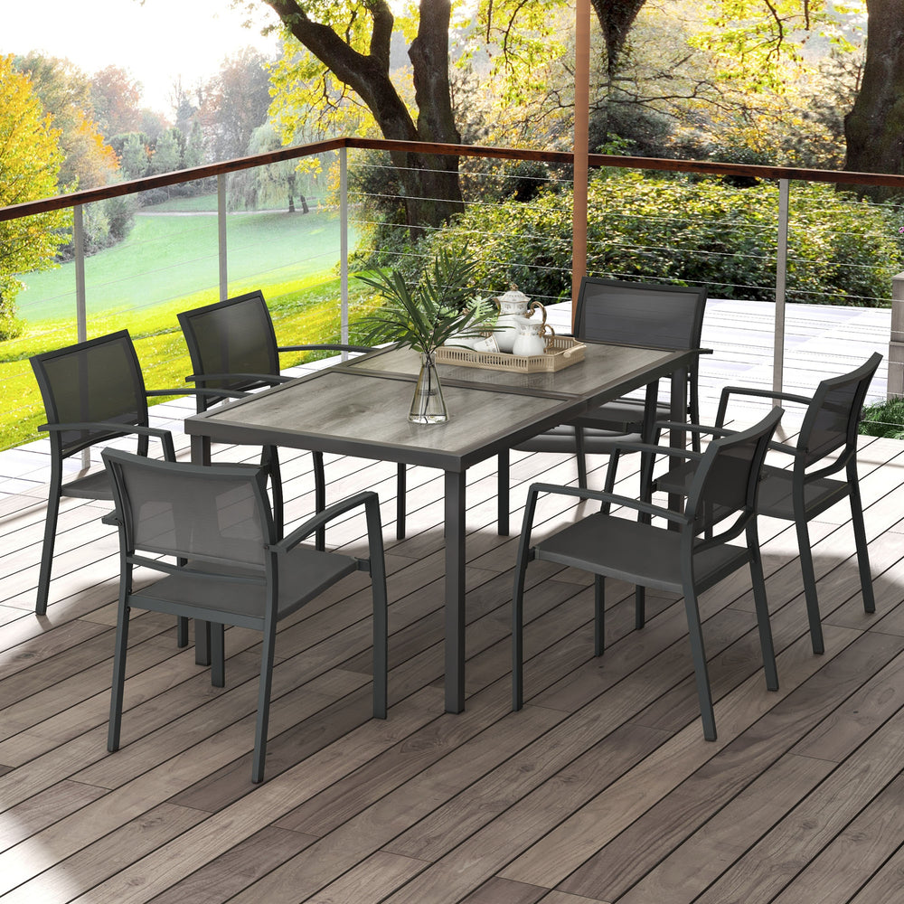 7 Piece Outdoor Dining Set with 6 Stackable Chairs, Patio Table and Chairs with Plastic Top and Breathable Mesh Backrest