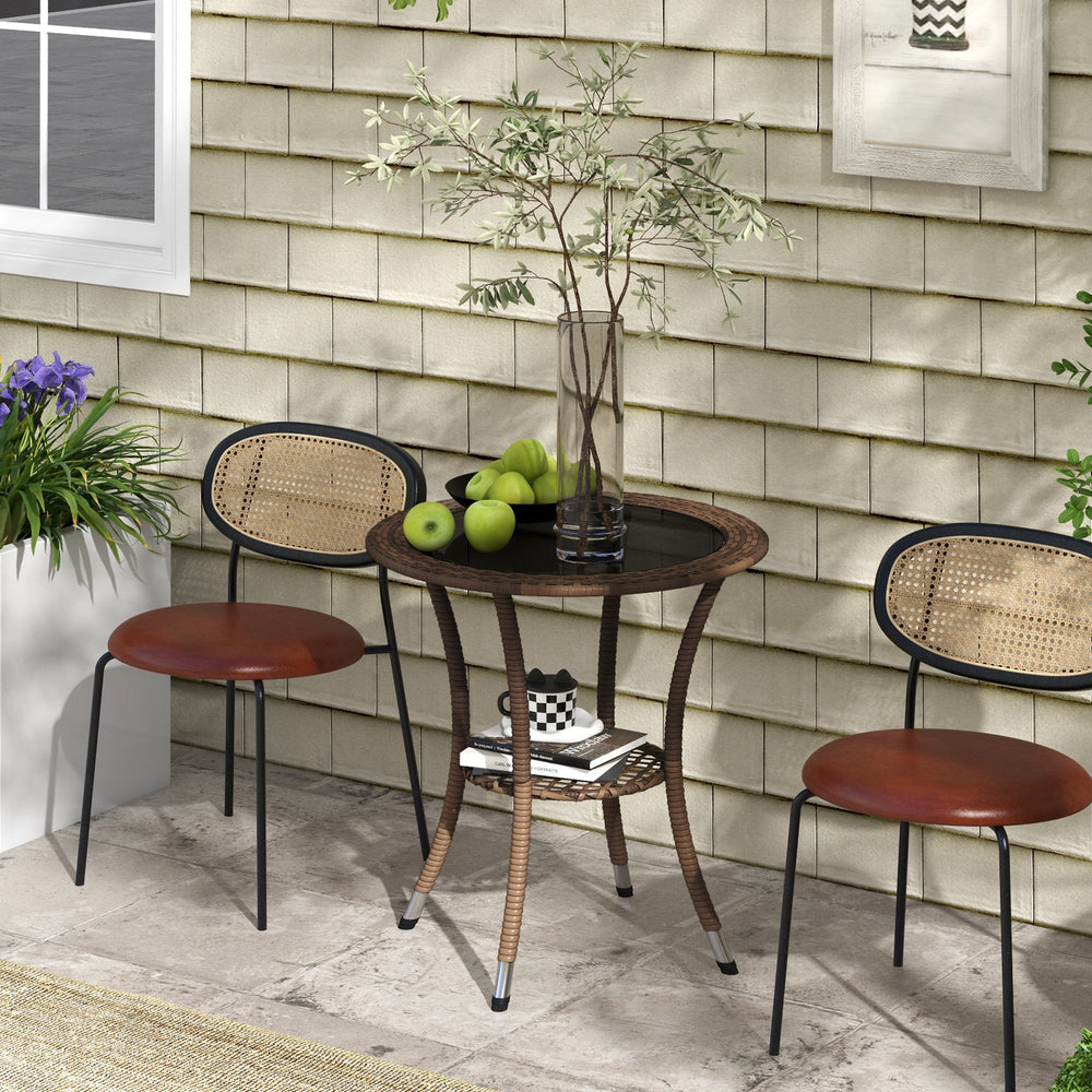 Outdoor rattan dining table with 2-tier storage shelf, brown