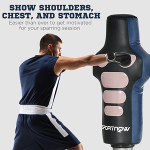 Freestanding, height-adjustable punching bag with fillable base, wrapped in polyurethane