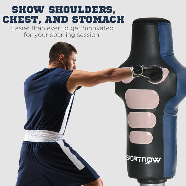 Freestanding, height-adjustable punching bag with fillable base, wrapped in polyurethane