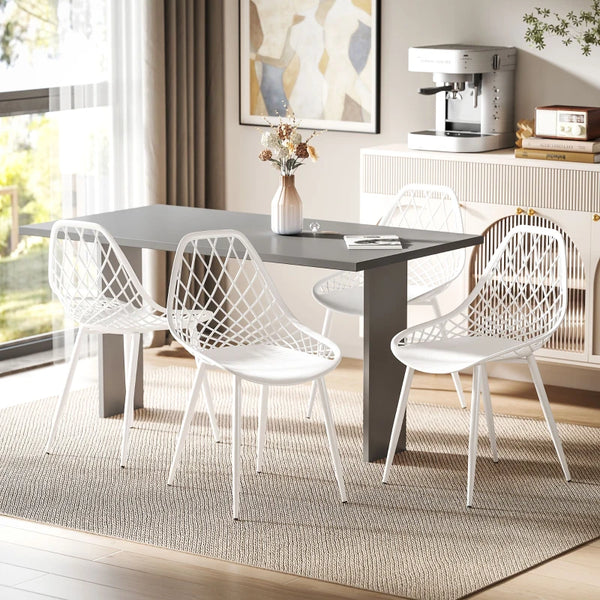 Set of 4 modern plastic dining chairs with hollow back and metal legs, white