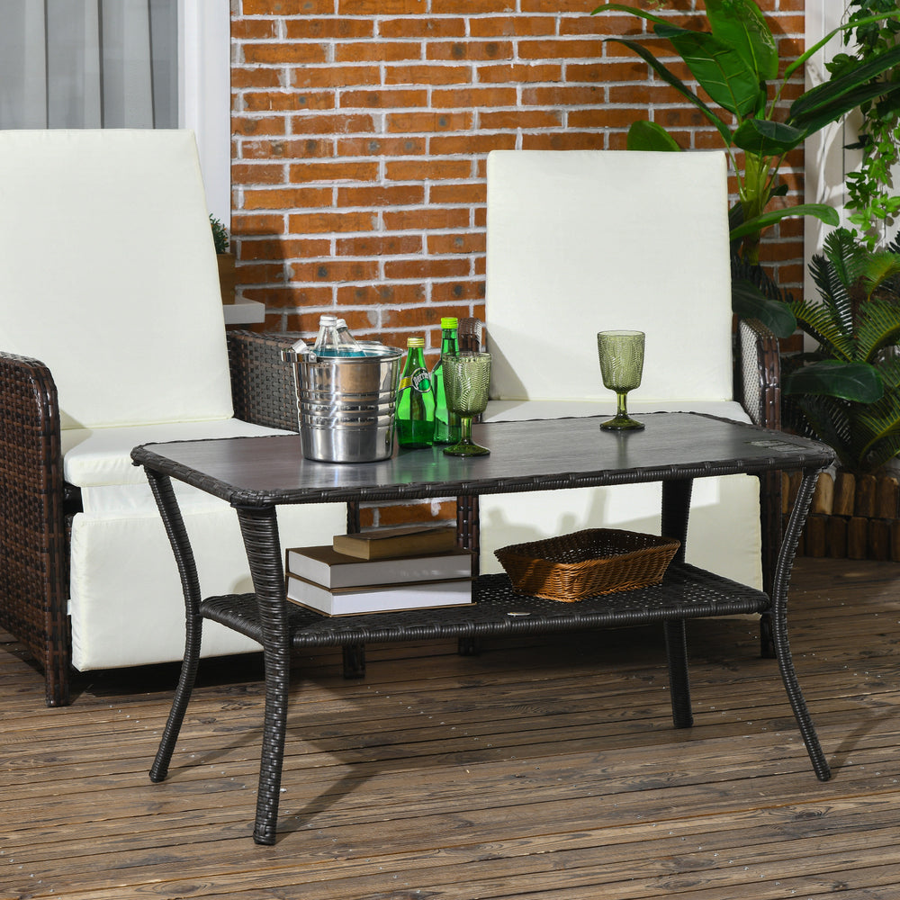Outdoor Patio PE Rattan Coffee Table with Storage Shelf, Wicker Side Table with Glass Top, Black