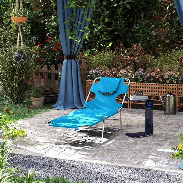 Folding Outdoor Lounge Chair, 5-Level Tanning Chair with Face Hole, Side Pocket, Carry Strap for Beach Pool, Blue