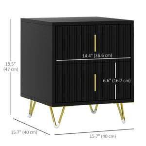 Modern bedside table with 2 drawers and metal legs, black