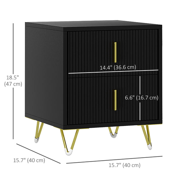 Modern bedside table with 2 drawers and metal legs, black