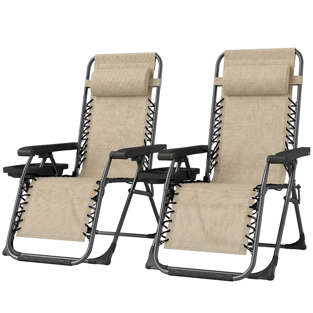 Set of 2 Folding and Reclining Outdoor Lounge Chairs, with Cup Holder and Headrest, Light Brown