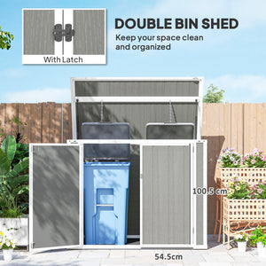 Garden shed for outdoor horizontal bin with chain lid, grey