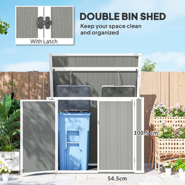Garden shed for outdoor horizontal bin with chain lid, grey