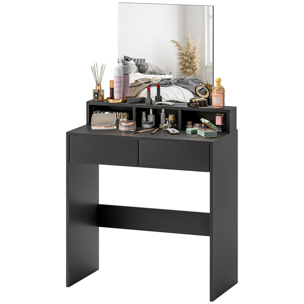 Dressing table with mirror, drawers and compartments, black