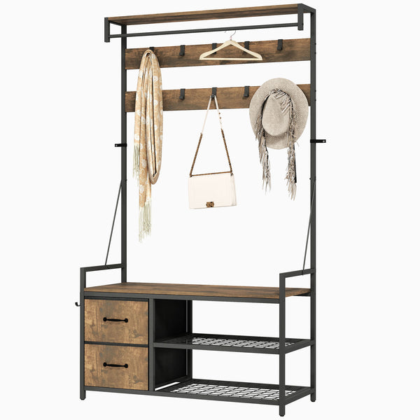 6-in-1 Entryway Cabinet with Bench and Shoe Rack, Rustic Brown