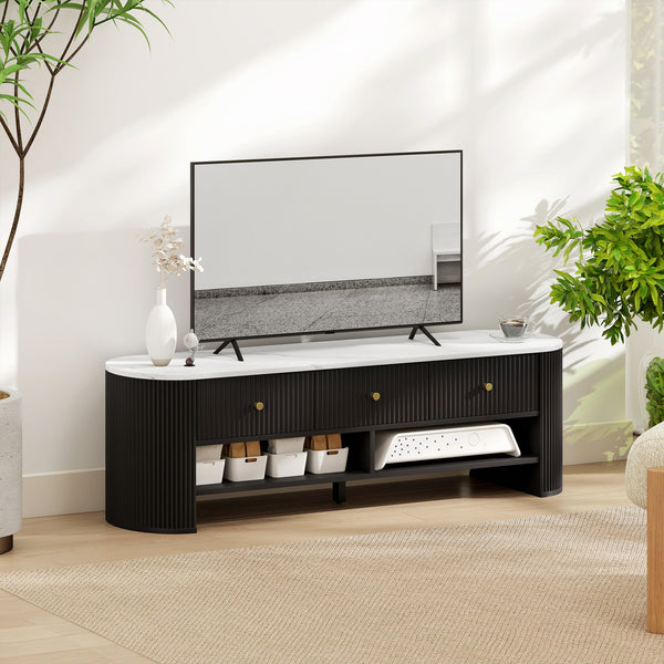 Modern TV cabinet with marble effect top, 3 drawers and 2 open shelves, black