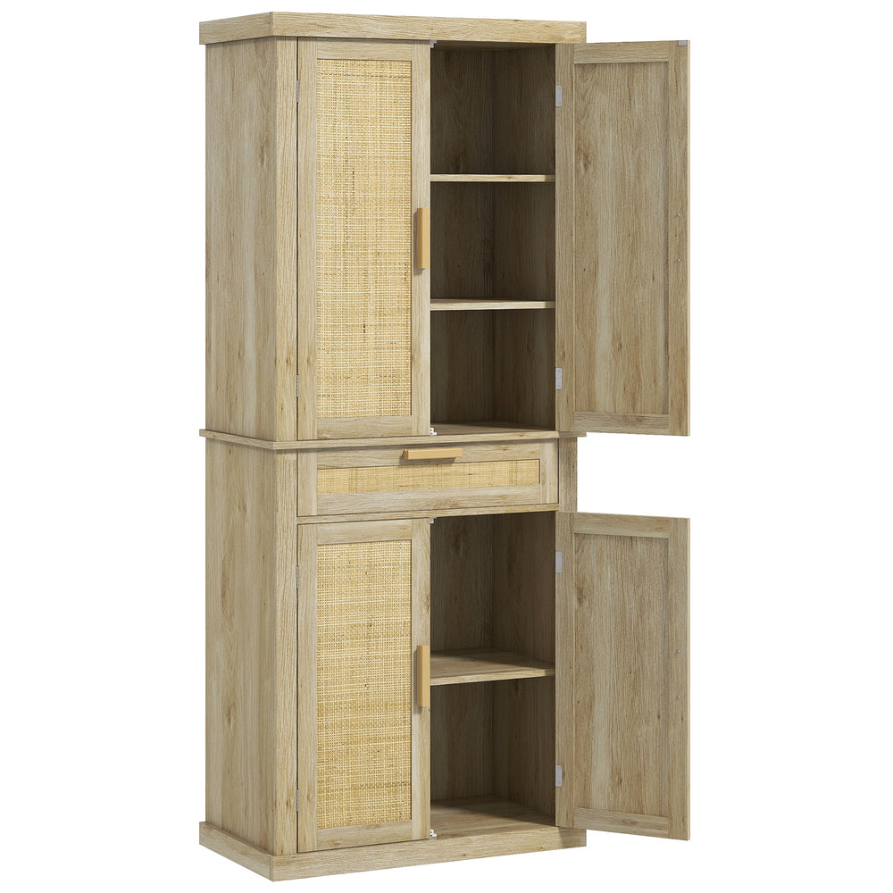 Rattan pantry with 4 doors, drawer, 5-tier shelf, adjustable shelves, oak color