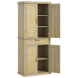 Rattan pantry with 4 doors, drawer, 5-tier shelf, adjustable shelves, oak color