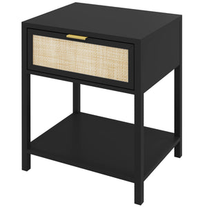 Bohemian bedside table with rattan drawer and open shelf, black