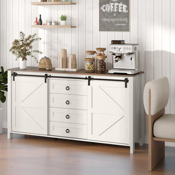 Buffet with barn-style sliding doors, drawers and adjustable shelves, cream white