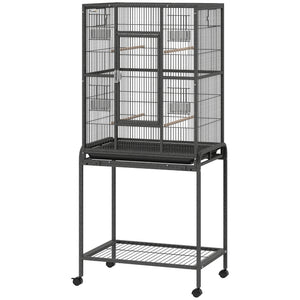 Large bird cage with rolling stand, 4 perches and 4 feeders – Black