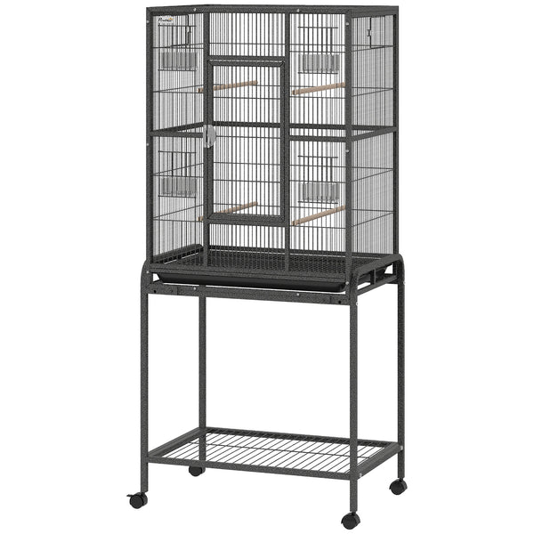 Large bird cage with rolling stand, 4 perches and 4 feeders – Black