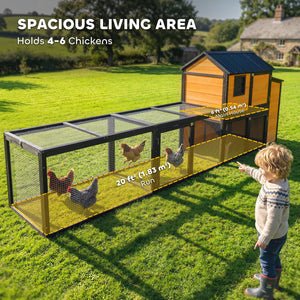 Large wooden chicken coop with run, nesting box, pull-out tray, waterproof roof, and access ramp.