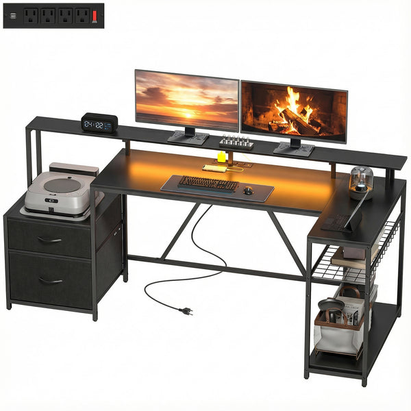 76" Gaming Desk, Reversible Computer Table with RGB Lights, USB Ports, Monitor Stand and 2 Fabric Drawers, Black