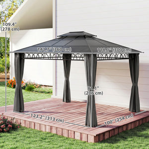 10' x 12' gazebo with double rigid roof, polycarbonate roof, steel frame, mosquito netting and curtains