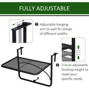 Adjustable metal balcony table, rectangular serving table, black