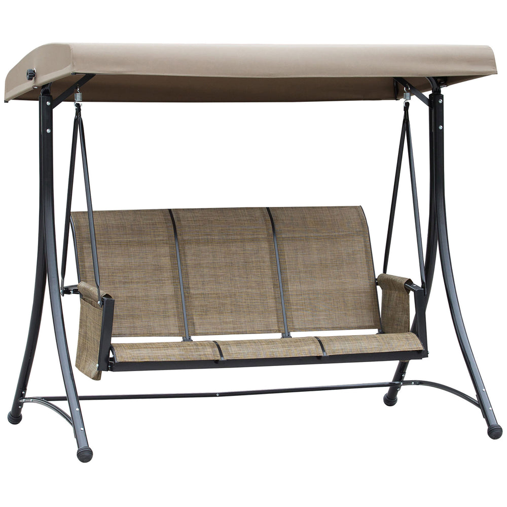 Swing chair for 3 people with high backrest and adjustable canopy, brown