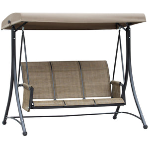 Swing chair for 3 people with high backrest and adjustable canopy, brown