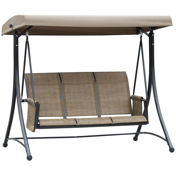 Swing chair for 3 people with high backrest and adjustable canopy, brown