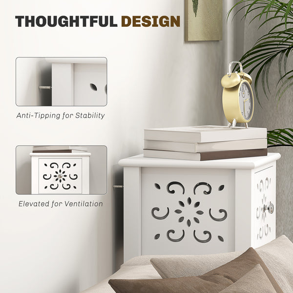 Set of 2 side tables with drawer and open storage shelf, white