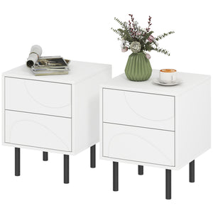 Set of 2 modern bedside tables with push-open drawers and steel legs, white