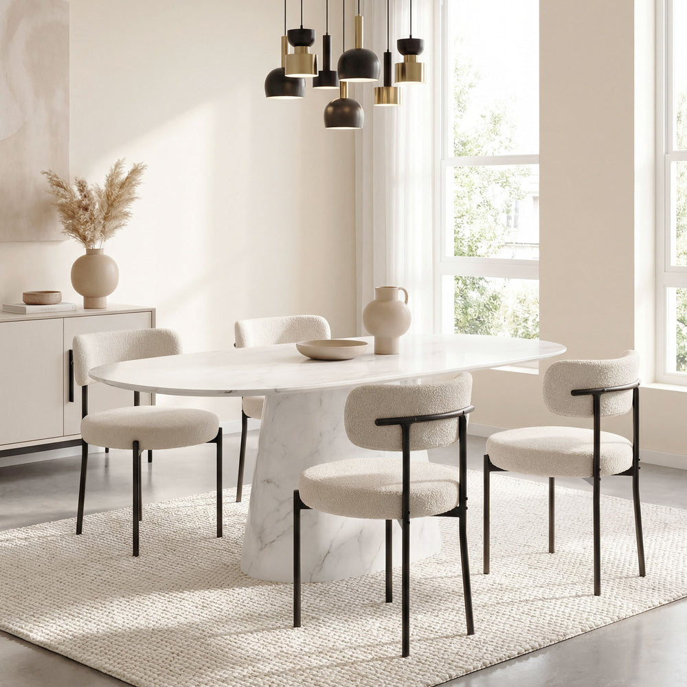 Set of 4 modern kitchen chairs with Berber fleece upholstery and steel legs for the living room, beige