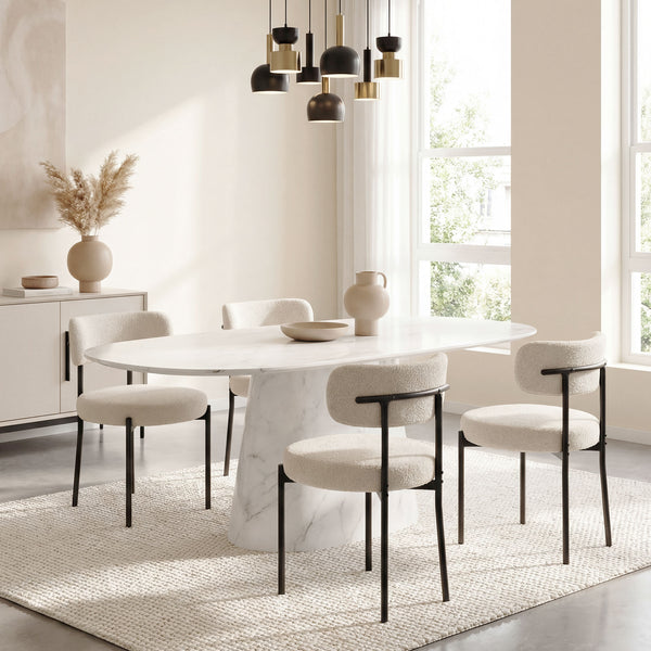 Set of 4 modern kitchen chairs with Berber fleece upholstery and steel legs for the living room, beige
