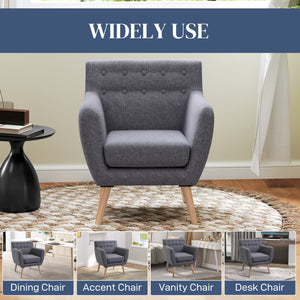 Mid-century armchair with wooden frame and thick padding, light gray