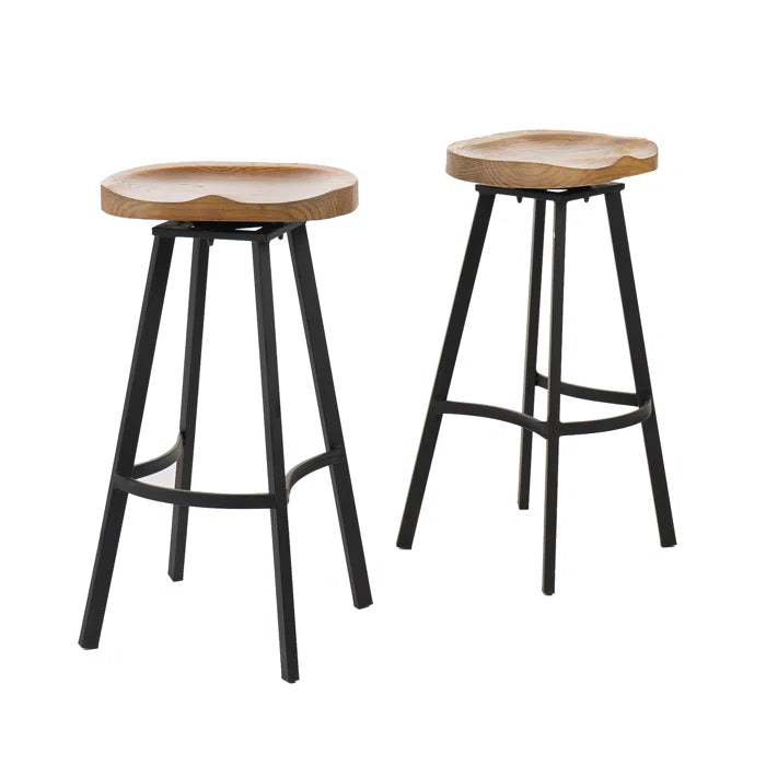 Set of 2 Industrial Style Swivel Bar Stools with Rust Finish Iron Frame, Pine Seat, No Assembly Required, Natural