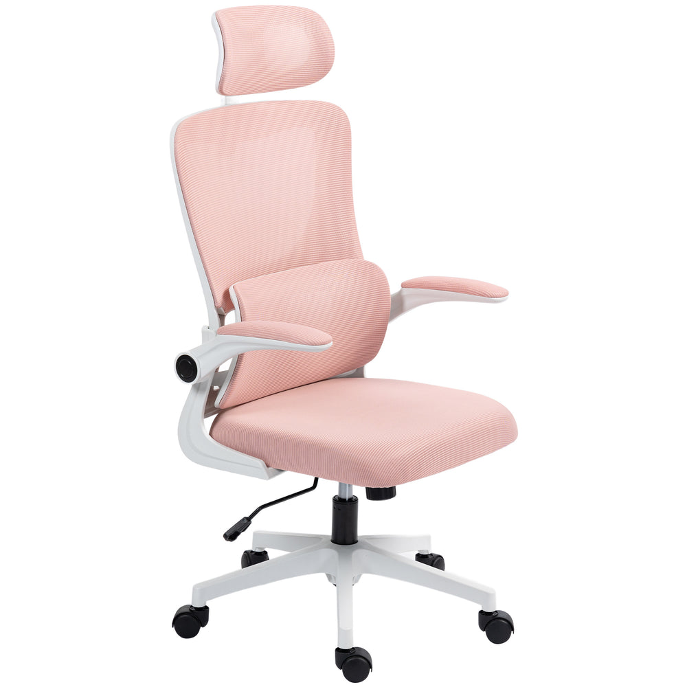 High-back mesh office chair with swivel headrest, pink