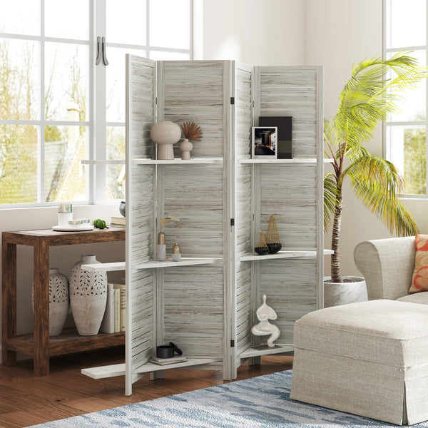 4-Panel Room Divider with 3 Storage Shelves, Distressed White