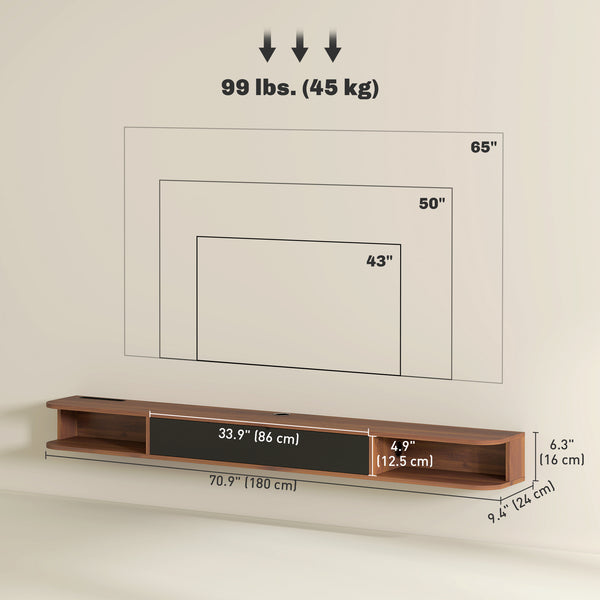 71" Floating Wall Mounted TV Stand with Drop-Down Drawer and 2 Open Shelves, Walnut