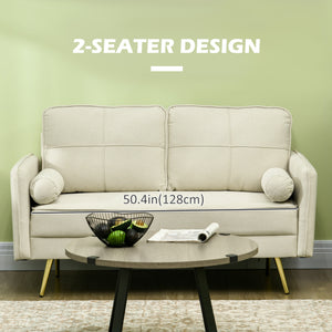 2 seater upholstered sofa with back cushions and pillows, beige