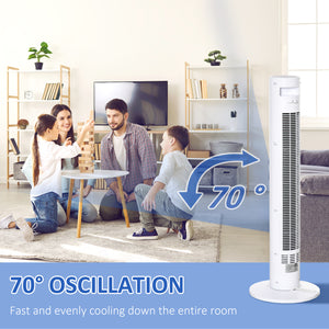 Freestanding tower fan with 3 speeds, 12-hour timer, oscillating, LED sensor panel, remote control, white