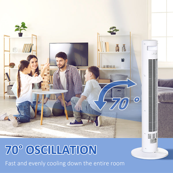 Freestanding tower fan with 3 speeds, 12-hour timer, oscillating, LED sensor panel, remote control, white