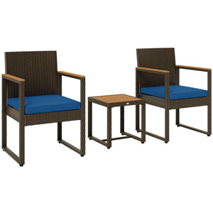 Rattan bistro set with acacia wood table and removable cushions, dark blue
