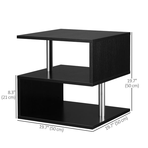 S-Shaped Wooden Side Table with 3 Storage Shelves, Black